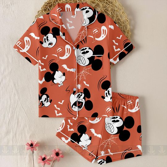 Discover Mickey Scary Face Halloween Classic Unisex Satin Pajamas Set, Spooky Season Pajamas , Long Sleeve And Short Styles