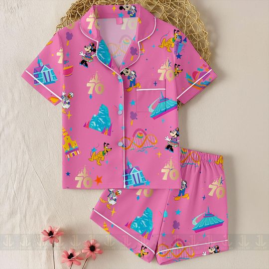70th Pink Blue Purple Mickey Donald Minnie Pluto Goofy Unisex Pajamas Set