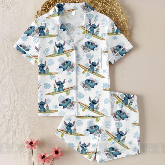 Discover Stitch Surfing Aloha Unisex Satin Pajamas Set, Disneyland Pajamas, Long Sleeve And Short Styles