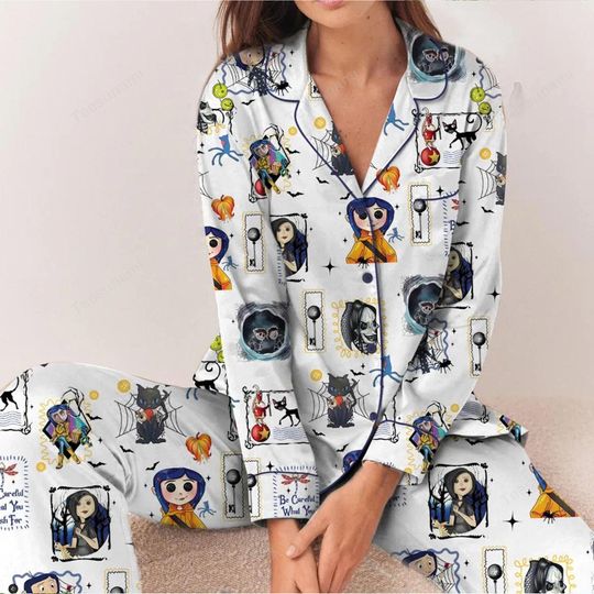 Spooky C0ralin Movie Halloween Pajama Set  Gothic Silky Sleepwear, Cozy Nightwear Gift for Women