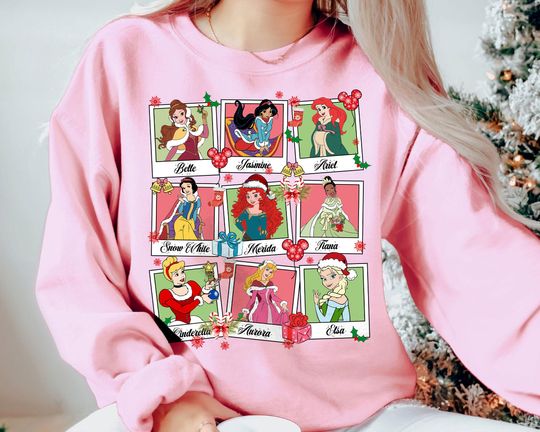 Discover Disney Princess Polaroid Christmas Sweatshirt | Retro Holiday Shirt with Ariel Belle Elsa | Family Matching Tee 2025