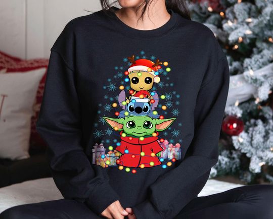 Discover Retro Baby Yoda Groot Stitch Christmas Sweatshirt | Vintage Disney Marvel Star Wars Holiday Shirt | Family Matching 2025