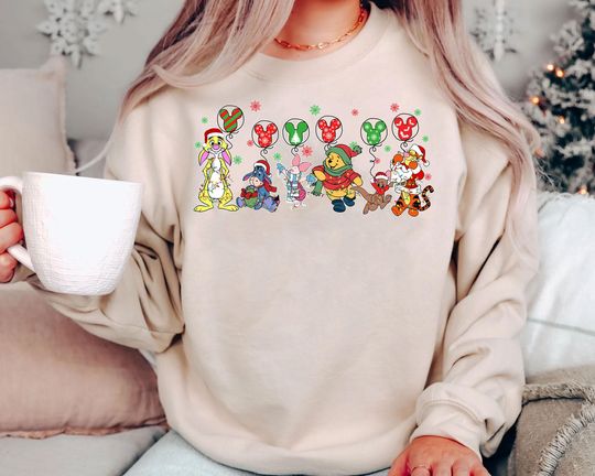 Discover Vintage Winnie the Pooh Christmas Balloons Shirt 2025 | Disney Holiday Sweatshirt with Piglet Tigger Eeyore Rabbit Pooh