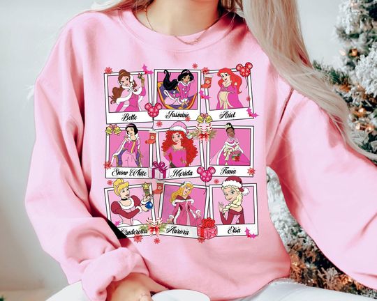 Discover Disney Princess Polaroid Christmas Sweatshirt | Retro Pink Holiday Shirt | Vintage Family Matching Tee 2025