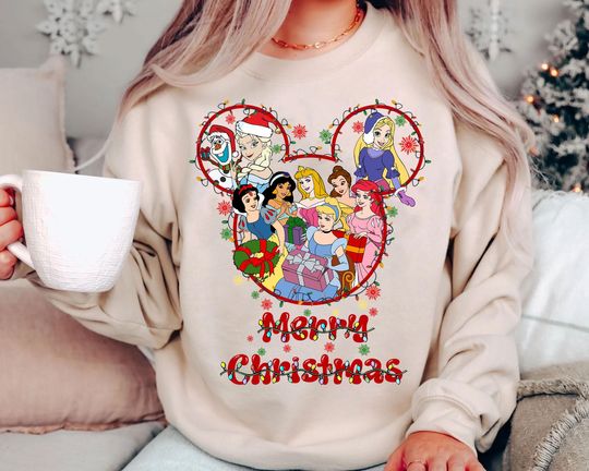 Discover Disney Princess Christmas Sweatshirt | Retro Holiday Shirt with Elsa Ariel Belle Cinde | Family Matching Tee 2025