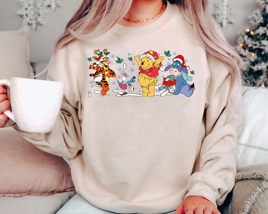 Discover Vintage Winnie The Pooh Christmas Shirt 2025 | Disney Holiday Sweatshirt with Piglet Tigger Eeyore Pooh Bear
