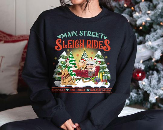 Discover Vintage Main Street Sleigh Rides UP Christmas Shirt 2025 | Retro Disney Pixar Holiday Sweatshirt | Cozy Xmas Tee