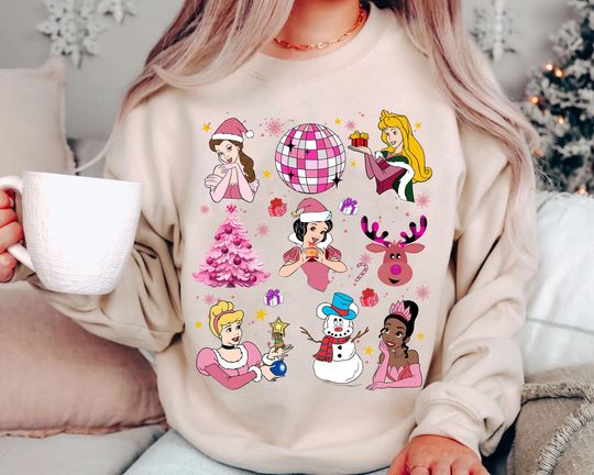 Discover Disney Princess Pink Christmas Sweatshirt | Retro Holiday Shirt | Vintage Family Matching Tee 2025