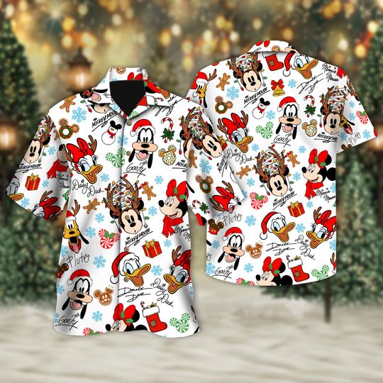 Discover Mickey Mouse And Friends Signature Christmas Hawaiian Shirt, Mickey's Very Merry Christmas Party Button Shirt, Mickey Candy Xmas Holiday Tee