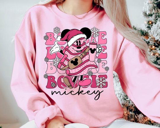 Pink Bougie Mickey Christmas Sweatshirt | Retro Vintage Disney Holiday Shirt | Xmas 2025 Disney Family Matching Tee