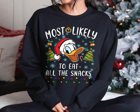 Discover Retro Most Likely to Eat All the Snacks Sweatshirt | Vintage Funny Donald Christmas Tee 2025 | Disney Family Matching Holiday