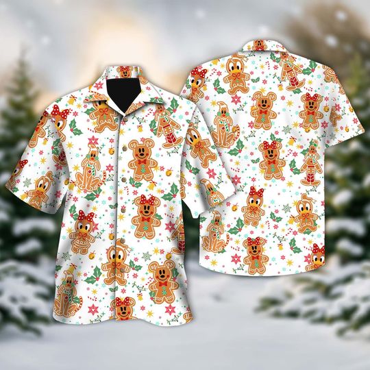 Discover Mickey and Friends Gingerbread Hawaiian Shirt, Disney Christmas Shirt, Mickey's Very Merry Button Shirt Christmas Party Holiday Hawaiian Tee