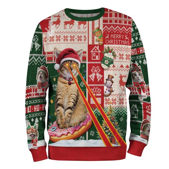 Discover Custom Face Cat Christmas Sweatshirt, Custom Pet Ugly Sweatshirt, Personalized Dog Cat Christmas Sweatshirt, Funny Custom Face Sweatshirts