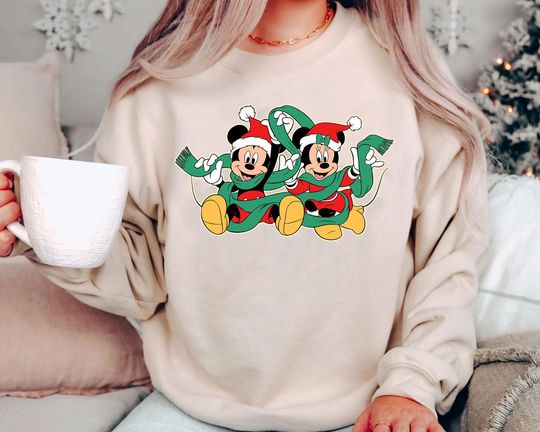 Discover Retro Mickey Minnie Christmas Sweatshirt | Vintage Holiday Couple Scarf Tee 2025 | Disney Matching Xmas US Style