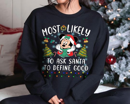 Discover Retro Most Likely to Ask Santa Sweatshirt | Vintage Funny Minnie Christmas Tee 2025 | Disney Family Matching Holiday US