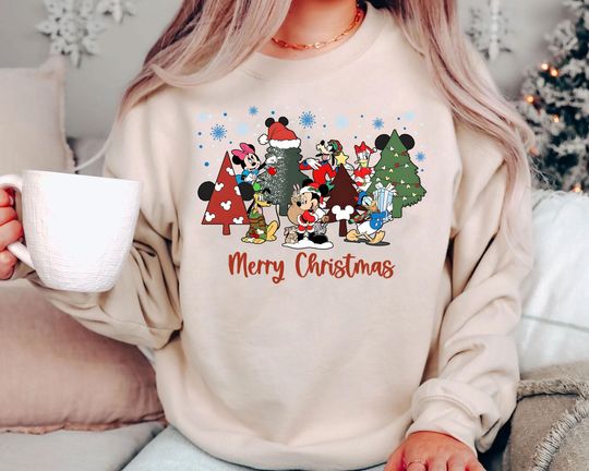 Discover Retro Disney Merry Christmas Sweatshirt | Vintage Mickey Friends Tree Scene 2025 | Family Matching Holiday US Style