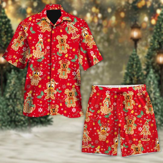Discover Mickey and Friends Gingerbread Red Hawaii Shirt, Disney Christmas Shirt, Mickey's Very Merry Button Shirt, Christmas Holiday Hawaiian Tee