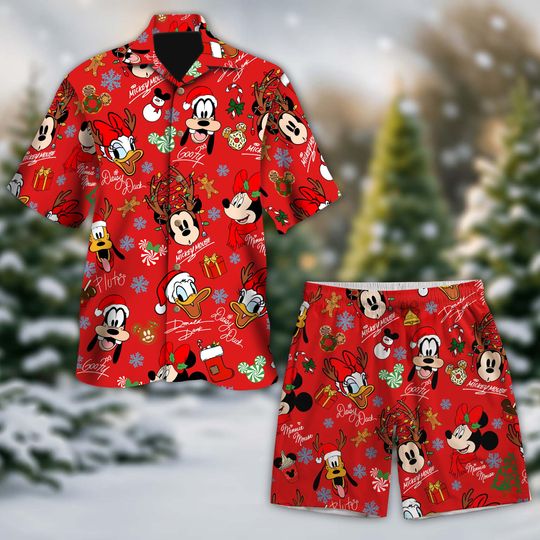 Discover Red Mickey Mouse And Friends Christmas Hawaiian Shirt And Short, Mickey's Very Merry Christmas Party Button Shirt, Mickey Candy Xmas Holiday