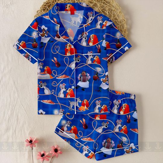 Lady And Tramp Eating Spagetti Unisex Pajamas Set, Spooky Season Pajamas