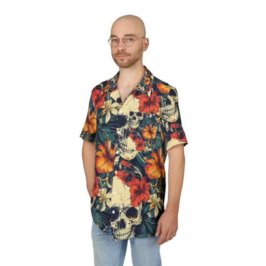 Discover Skull Floral Hawaiian Shirt, Summer Beachwear, Unisex Button-Down Shirt