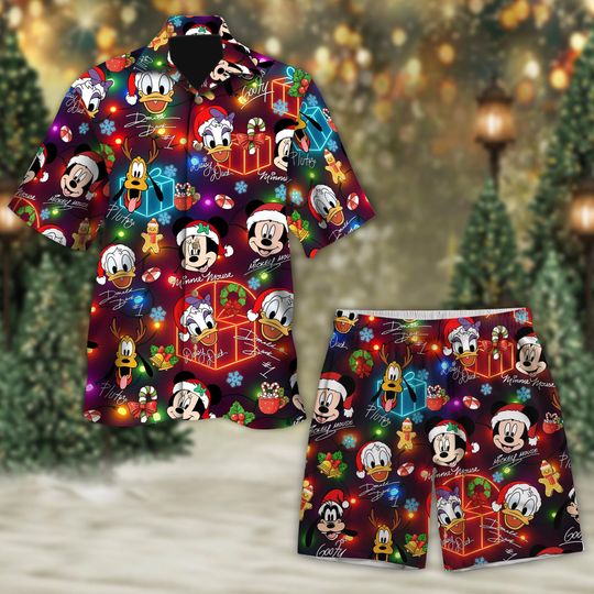Discover Mickey and Friends Christmas Hawaiian Shirt And Short, Mickey's Holiday Party Button Shirt, Mickey Candy Xmas Tee