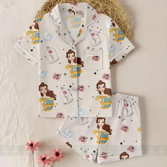 Belle Princess Rose Book Unisex  Pajamas Set, Spooky Season Pajamas