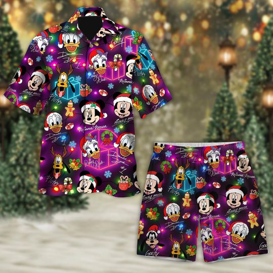 Mickey and Friends Christmas Hawaiian Shirt And Short, Mickey's Merry Christmas Party Button Shirt, Mickey Candy Holiday Tee