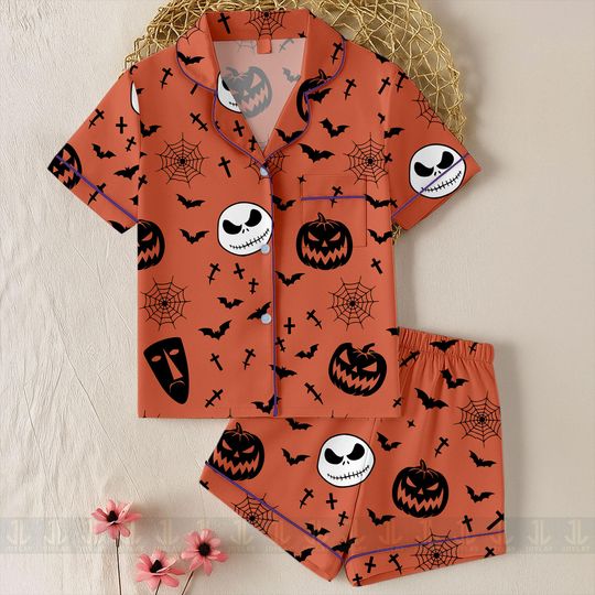 Discover Jack Skeleton Skellington Nightmare Xmas Unisex  Satin Pajamas Set, Nightmare Before Christmas Shirt, Long Sleeve And Short Styles