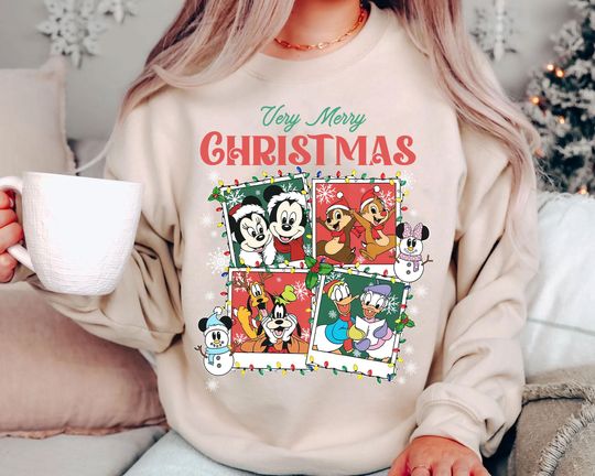Discover Very Merry Christmas Disney Sweatshirt | Retro Holiday Shirt | Vintage Mickey Minnie Chip Dale Goofy Donald Family Matching Xmas Gift 2025