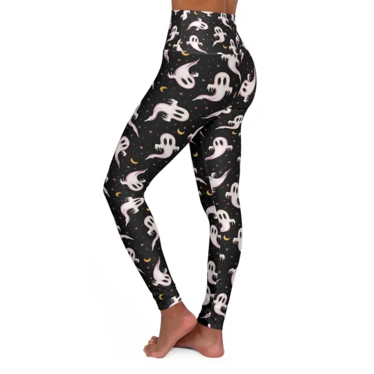 High Waist Ghost Print Yoga Leggings for Halloween Activewear