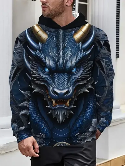 Discover 3D Dragon Print Hoodie for Men, Casual Polyester Sweatshirt