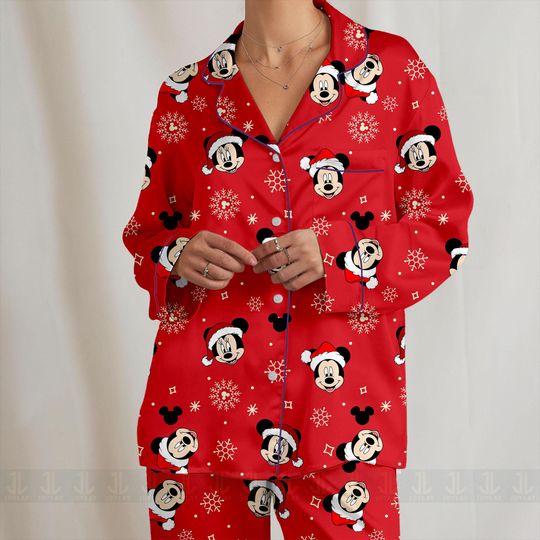 Discover Mickey Minnie Emotion Christmas Unisex  Satin Pajamas Set, Disney Christmas Shirt, Long Sleeve And Short Styles