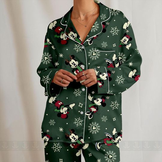 Discover Mickey Minnie Winter Season Snowflake Unisex Satin Pajamas Set, Disney Christmas Shirt, Long Sleeve And Short Styles