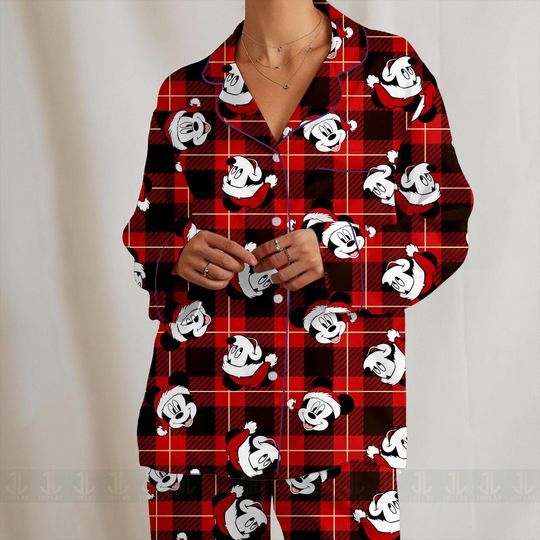 Discover Mickey Santa Hat Red Plaid Christmas Unisex  Satin Pajamas Set, Disney Christmas Shirt, Long Sleeve And Short Styles