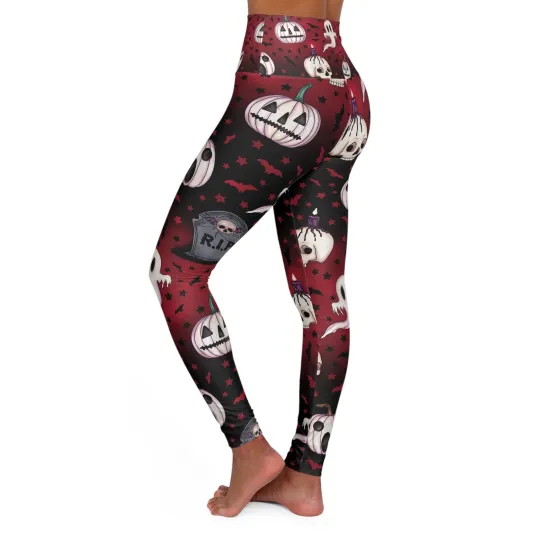 Halloween High Waist Yoga Leggings with Ghost Print, Fitness Activewear