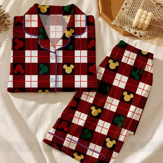 Discover Mickey Green Red Plaid Christmas Unisex  Satin Pajamas Set, Disney Christmas Shirt, Long Sleeve And Short Styles