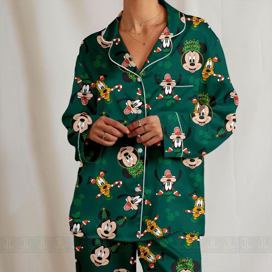 Discover Mickey Pluto Friends Tis The Season Xmas Unisex Satin Pajamas Set, Disney Christmas Pajamas , Long Sleeve And Short Styles