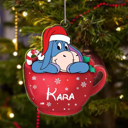 Personalized Eeyore Tea Cup Christmas Ornament, Cute Eeyore Christmas Tree Decor, Pooh Cartoon Character Xmas Holiday Gift For Kid