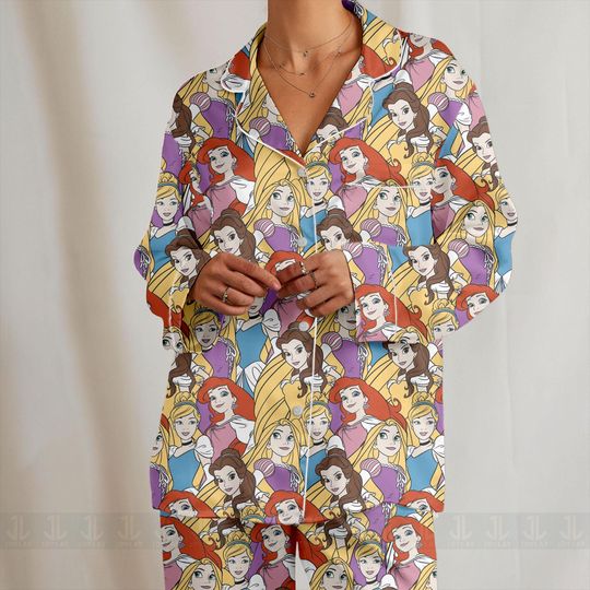 Discover Disney Princess Belle Ariel Cinderrella Tangle Unisex Satin Pajamas Set, Spooky Season Pajamas , Long Sleeve And Short Styles