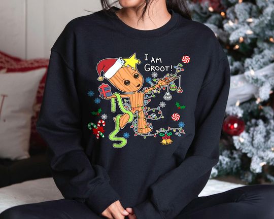 I Am Groot Christmas Sweatshirt | Retro Marvel Holiday Sweatshirt 2025 | Cute Baby Groot Xmas Tree Lights Top