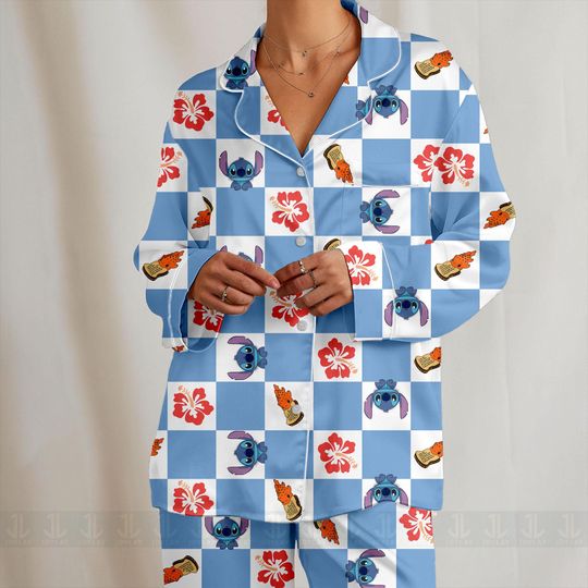 Discover Stitch Ohana Pudge Aloha Checkeredboard Unisex Satin Pajamas Set, Spooky Season Pajamas , Long Sleeve And Short Styles