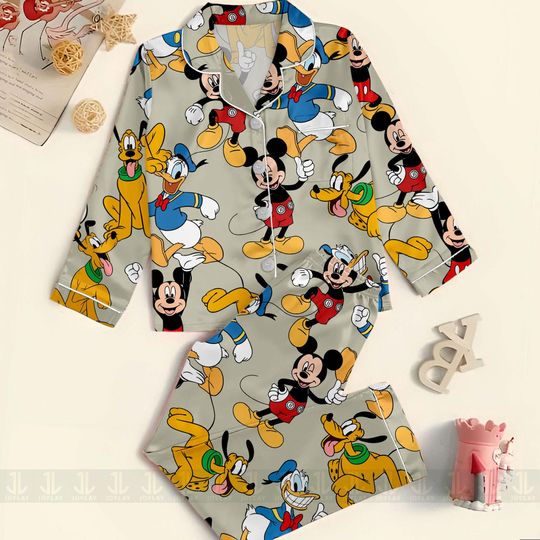Discover Mickey Pluto Donald Unisex Satin Pajamas Set, Spooky Season Pajamas , Long Sleeve And Short Styles