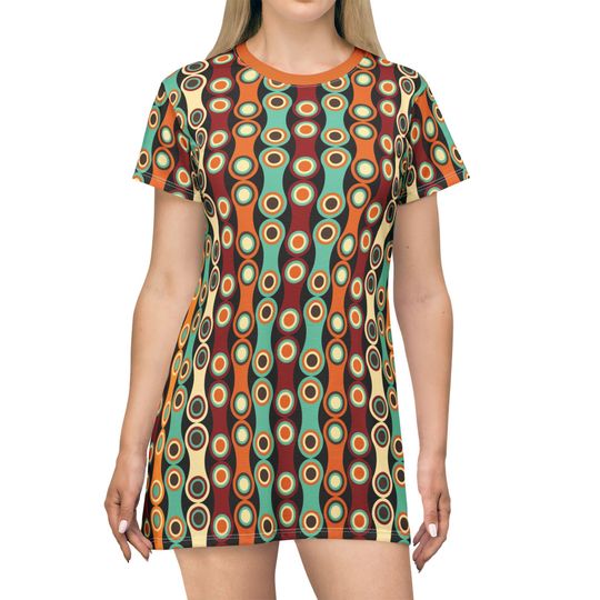 Discover Retro Pattern T-Shirt Dress: Colorful Boho Casual AOP Fashion