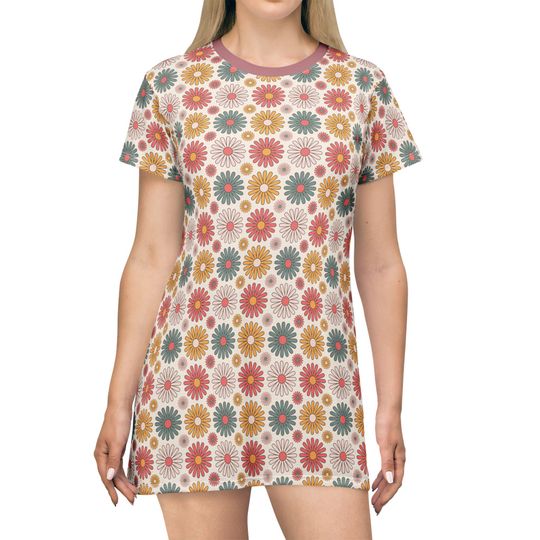 Discover Retro Floral T-Shirt Dress: Boho Polyester Casual