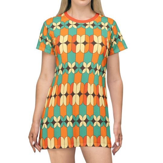 Discover Retro Geometric T-Shirt Dress: Vibrant Sixties Style Boho Chic