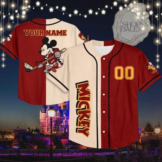 Discover Custom Mickey Hockey Jersey, Personalized Disney Baseball Jersey, Red n Cream Disney Fan Shirt, Custom Name & Number Sports Outfit