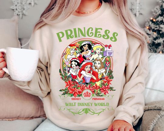 Discover Retro Disney Princess Christmas Sweatshirt | Vintage Walt Disney World Holiday Tee | Family Matching Xmas Outfit 2025