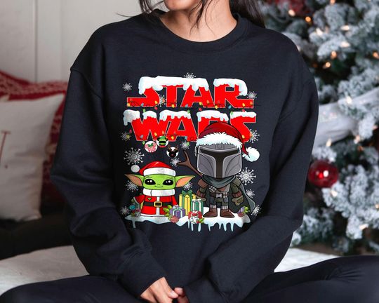 Discover Retro Star Wars Christmas Sweatshirt | Vintage Baby Yoda Grogu & Mandalorian Xmas Tee | Disney Family Matching Holiday Outfit