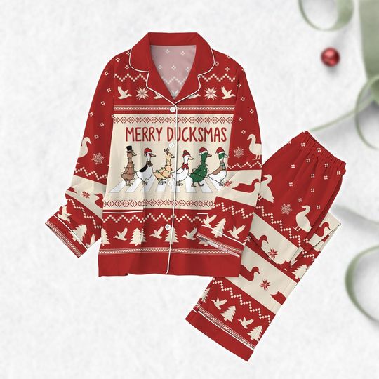 Duck Christmas Lights Pajama Set, Women's Holiday Farm Animal Pajamas, Santa Goose Sleepwear, Fun Xmas Matching PJs