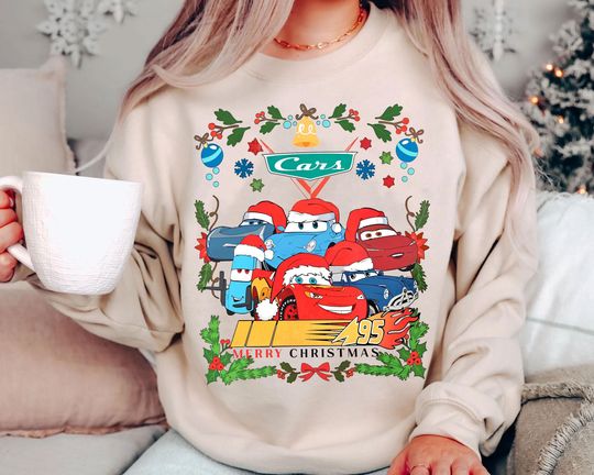 Discover Disney Cars Christmas Shirt | Retro Pixar Holiday Tee | Vintage Lightning McQueen Mater Luigi Sally Guido Doc Top 2025 |Family Matching Gift